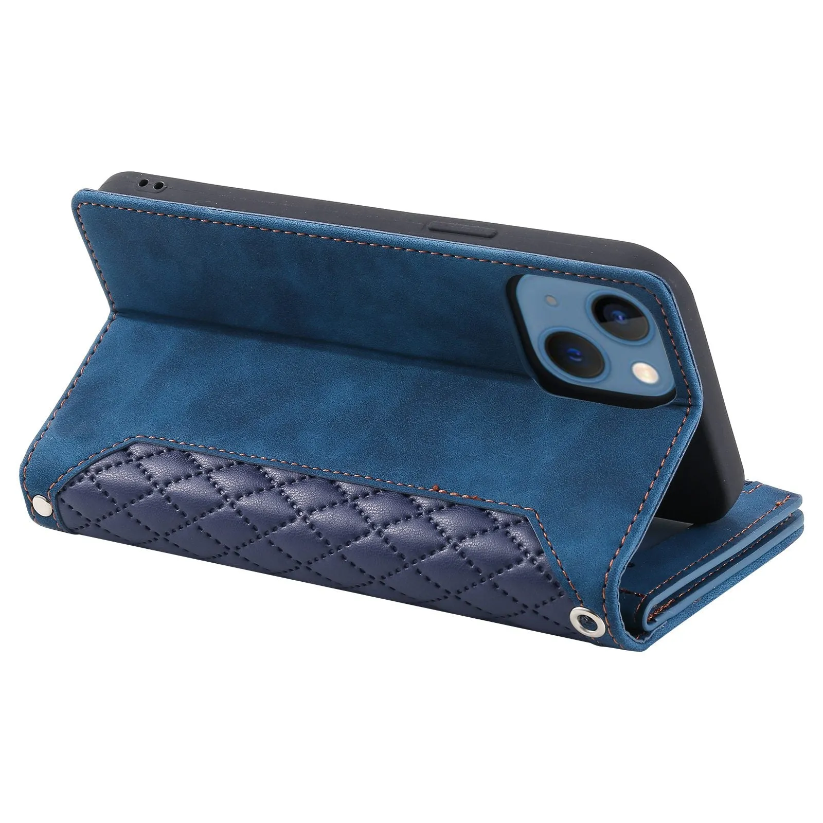 005 Style For iPhone 13 6.1 inch, Drop-proof Zipper Pocket Phone Case Rhombus Texture Flip Wallet Cover Stand with Strap Card Holder