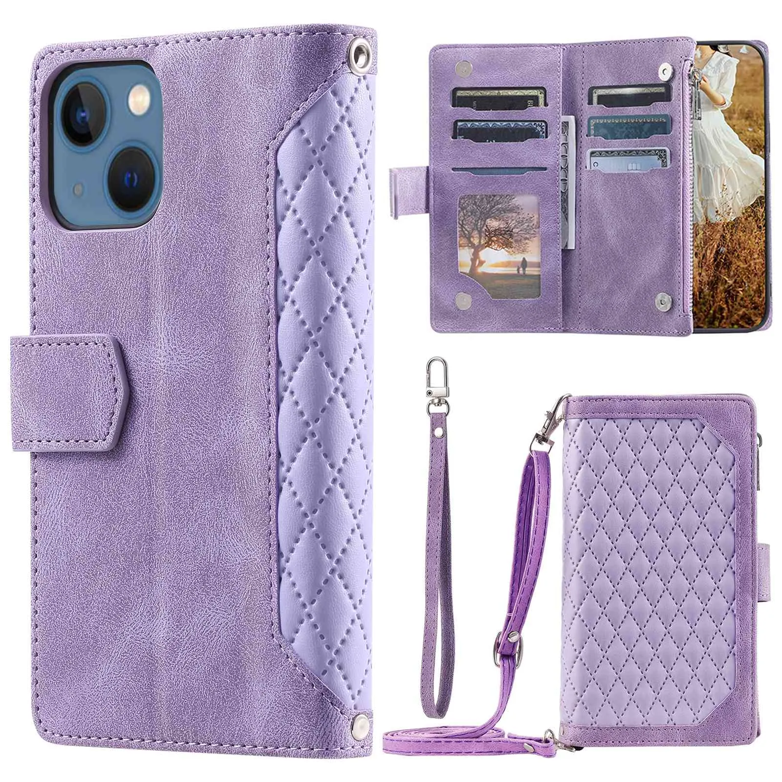 005 Style For iPhone 13 6.1 inch, Drop-proof Zipper Pocket Phone Case Rhombus Texture Flip Wallet Cover Stand with Strap Card Holder