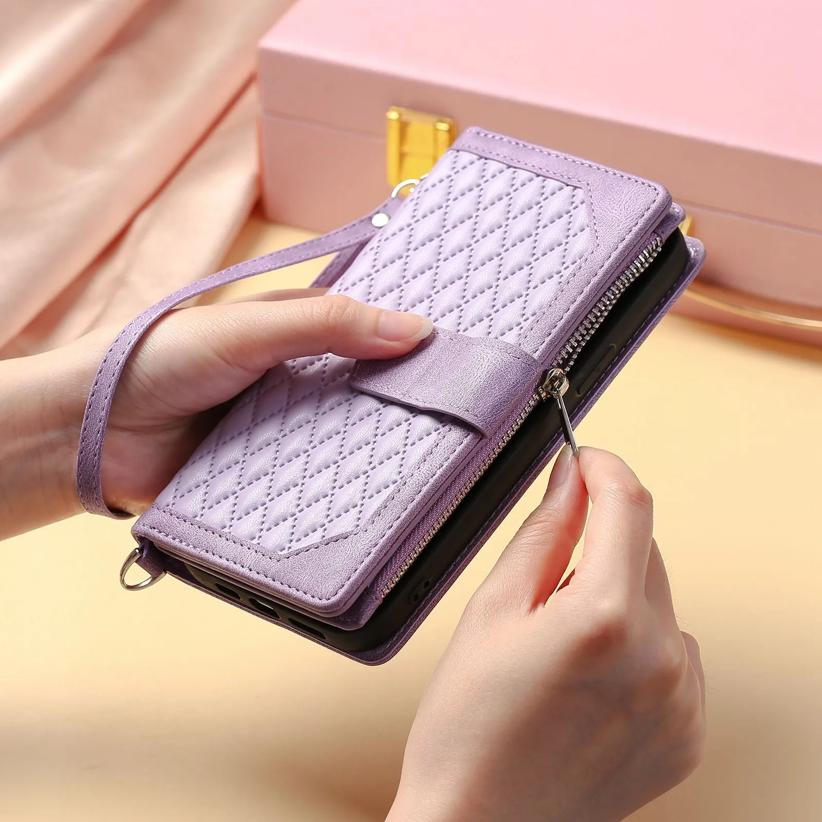 005 Style For iPhone 13 6.1 inch, Drop-proof Zipper Pocket Phone Case Rhombus Texture Flip Wallet Cover Stand with Strap Card Holder