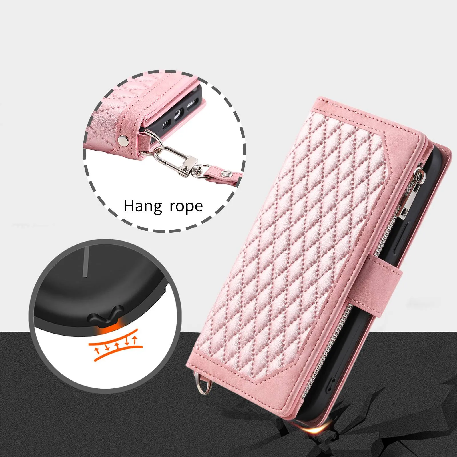 005 Style For iPhone 13 6.1 inch, Drop-proof Zipper Pocket Phone Case Rhombus Texture Flip Wallet Cover Stand with Strap Card Holder