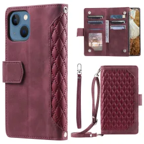 005 Style For iPhone 13 6.1 inch, Drop-proof Zipper Pocket Phone Case Rhombus Texture Flip Wallet Cover Stand with Strap Card Holder