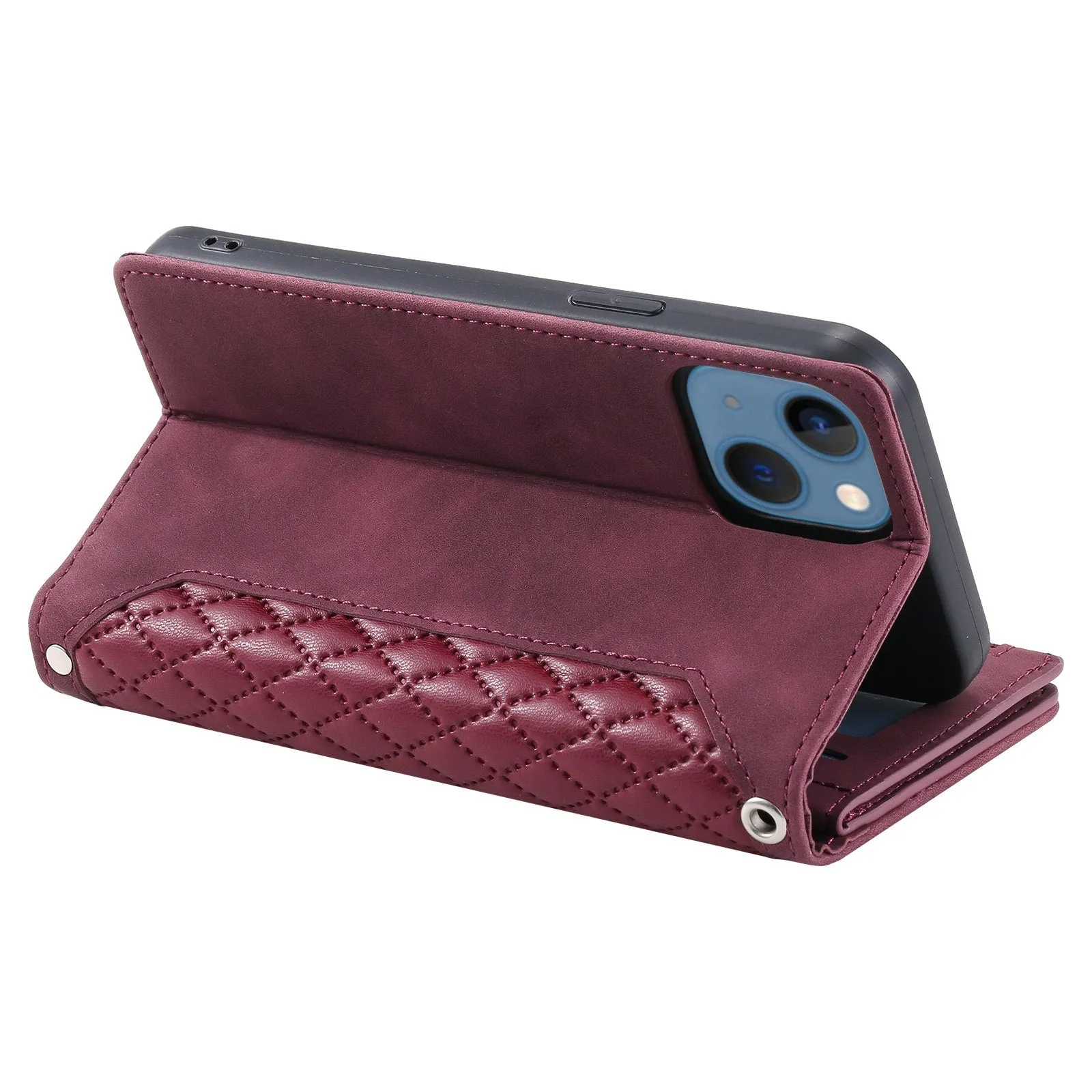 005 Style For iPhone 13 6.1 inch, Drop-proof Zipper Pocket Phone Case Rhombus Texture Flip Wallet Cover Stand with Strap Card Holder