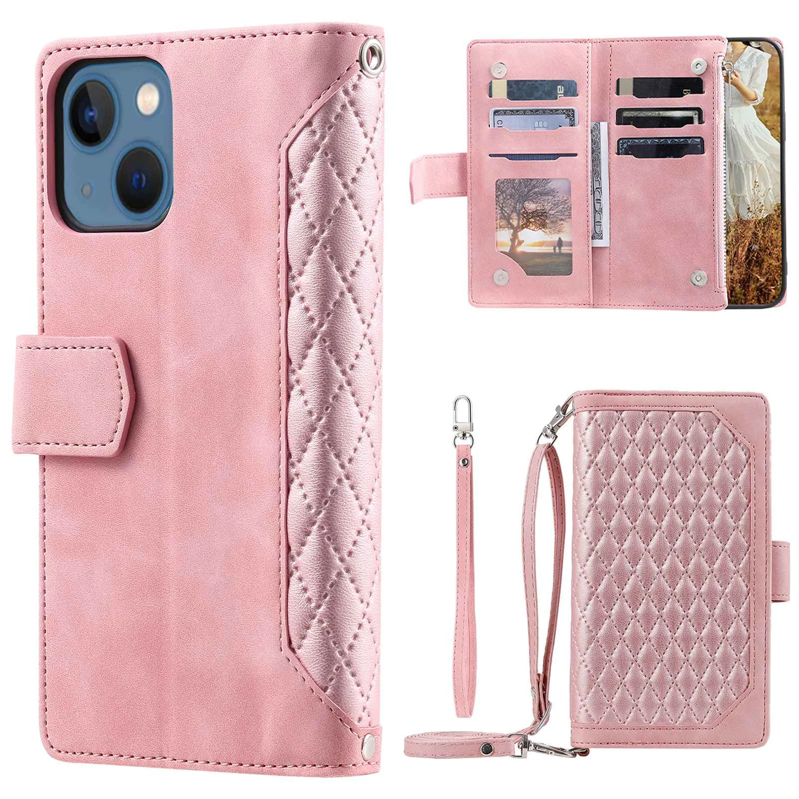 005 Style For iPhone 13 6.1 inch, Drop-proof Zipper Pocket Phone Case Rhombus Texture Flip Wallet Cover Stand with Strap Card Holder