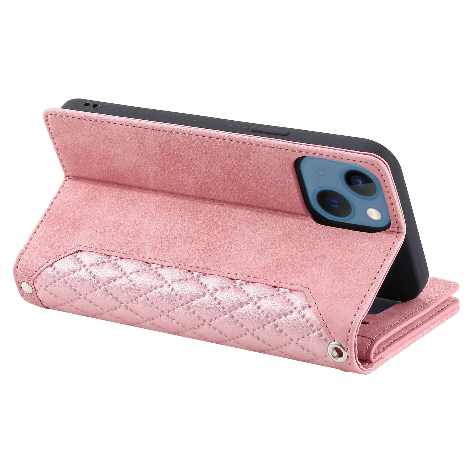 005 Style For iPhone 13 6.1 inch, Drop-proof Zipper Pocket Phone Case Rhombus Texture Flip Wallet Cover Stand with Strap Card Holder