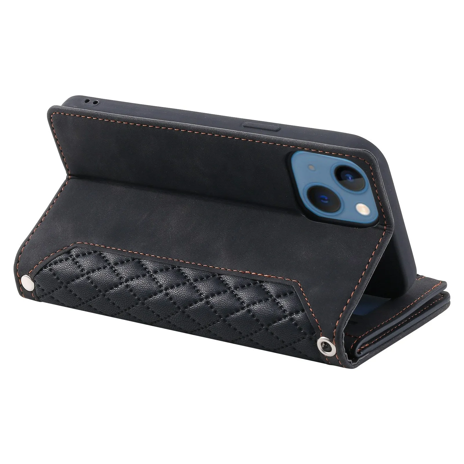 005 Style For iPhone 13 6.1 inch, Drop-proof Zipper Pocket Phone Case Rhombus Texture Flip Wallet Cover Stand with Strap Card Holder