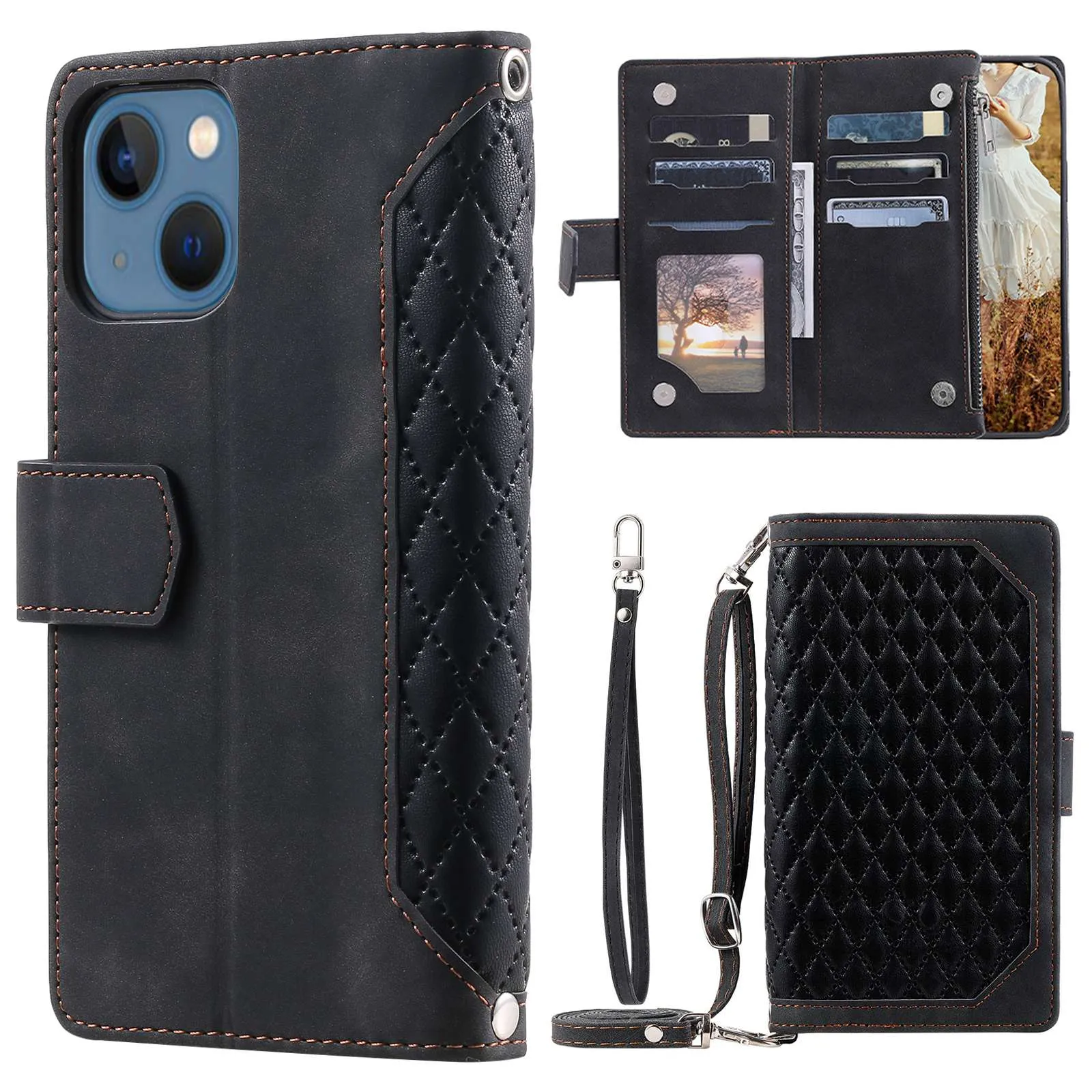 005 Style For iPhone 13 6.1 inch, Drop-proof Zipper Pocket Phone Case Rhombus Texture Flip Wallet Cover Stand with Strap Card Holder