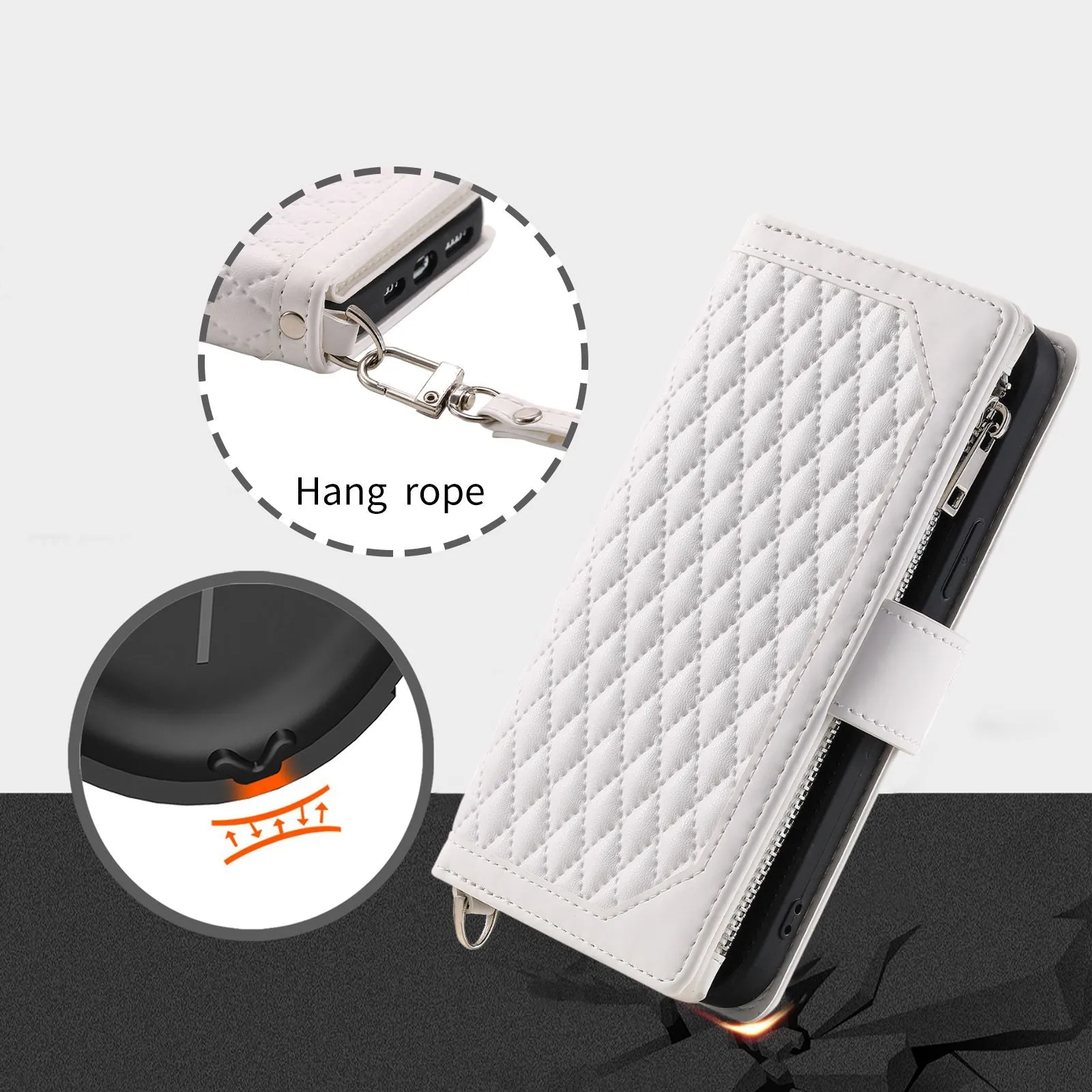 005 Style For iPhone 13 6.1 inch, Drop-proof Zipper Pocket Phone Case Rhombus Texture Flip Wallet Cover Stand with Strap Card Holder