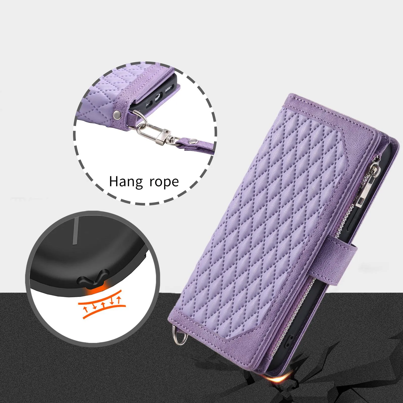 005 Style for Samsung Galaxy S22  5G Zipper Pocket Design PU Leather Phone Drop-proof Cover Rhombus Texture Stand Wallet Case with Strap