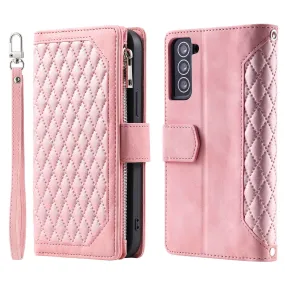 005 Style for Samsung Galaxy S22  5G Zipper Pocket Design PU Leather Phone Drop-proof Cover Rhombus Texture Stand Wallet Case with Strap