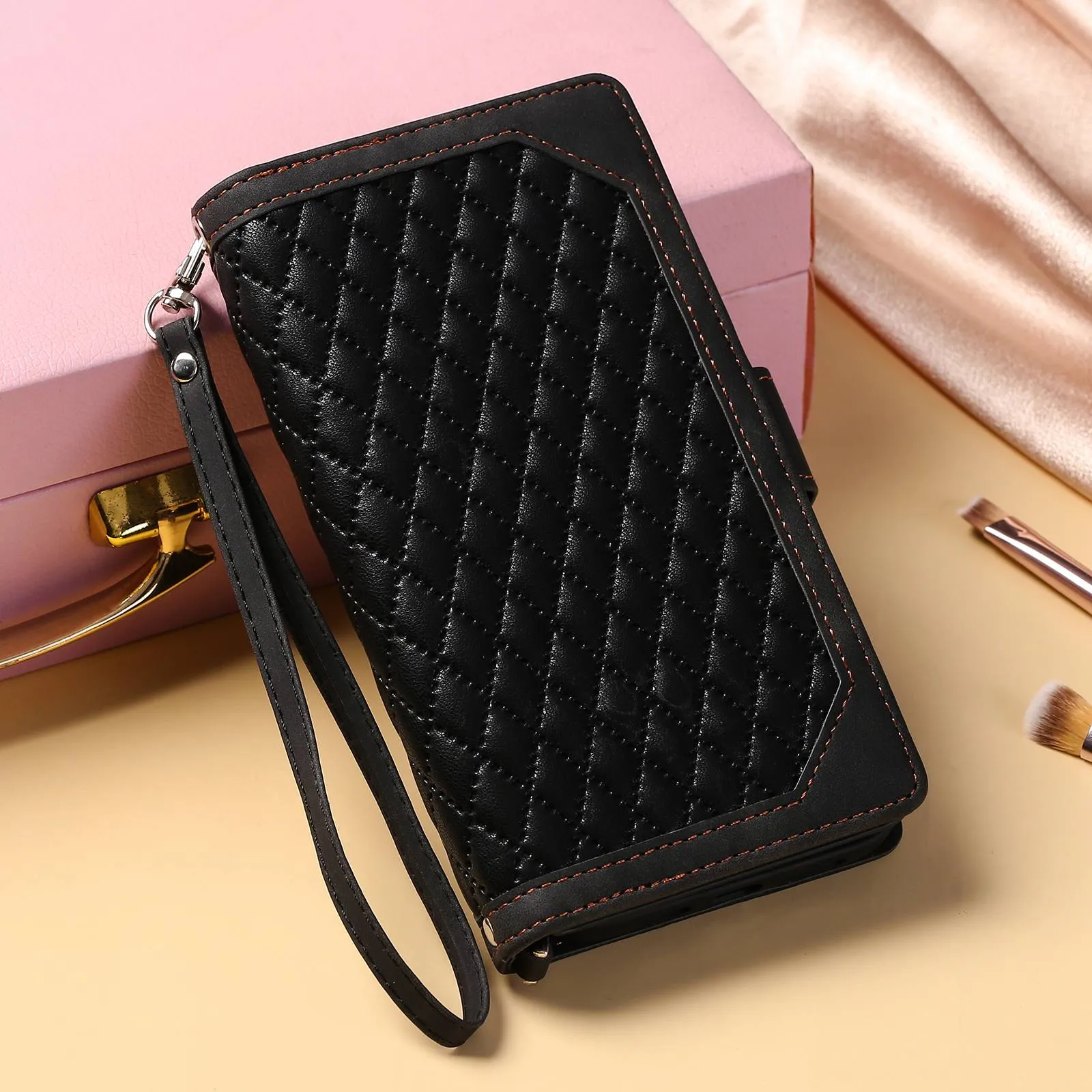 005 Style for Samsung Galaxy S22  5G Zipper Pocket Design PU Leather Phone Drop-proof Cover Rhombus Texture Stand Wallet Case with Strap