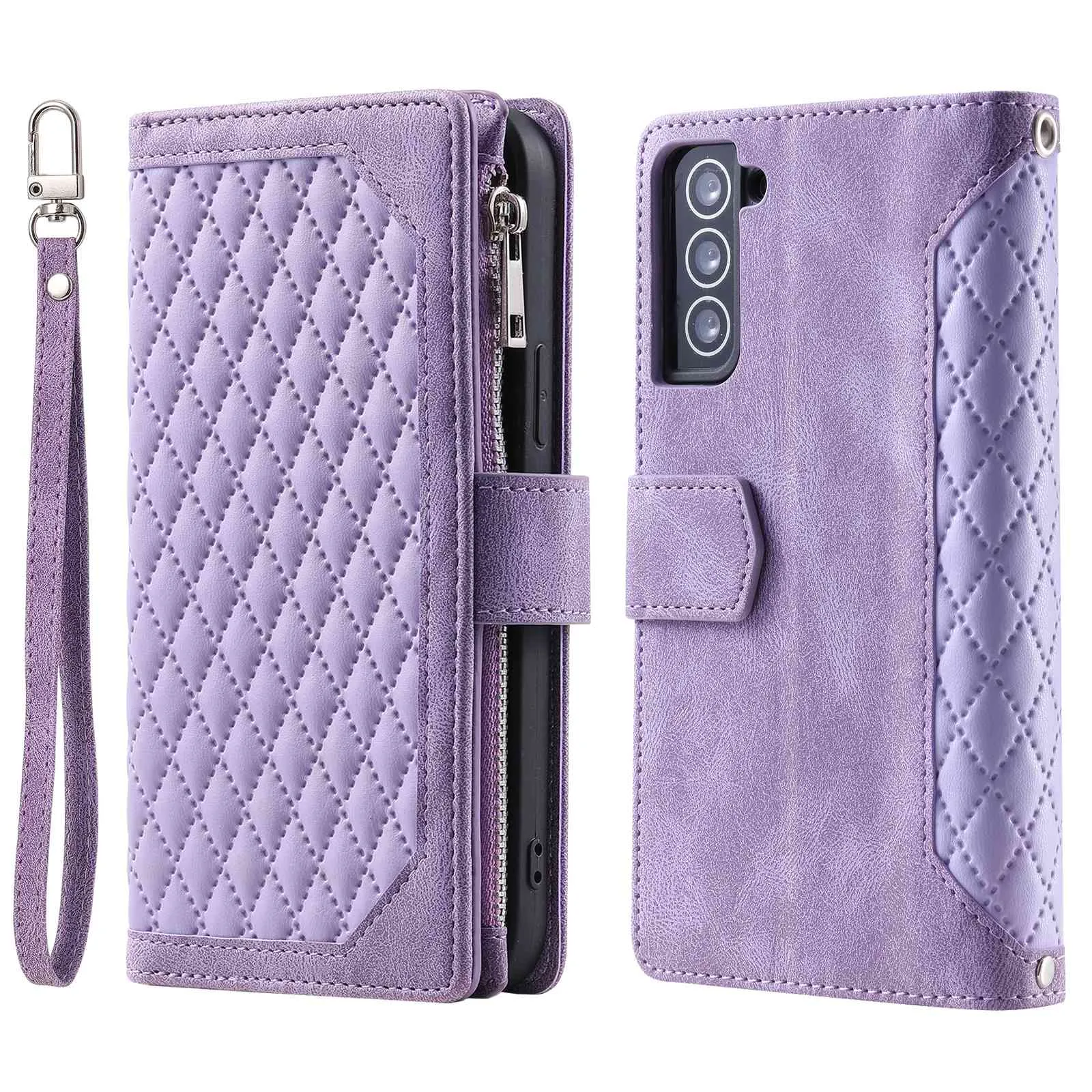 005 Style for Samsung Galaxy S22  5G Zipper Pocket Design PU Leather Phone Drop-proof Cover Rhombus Texture Stand Wallet Case with Strap