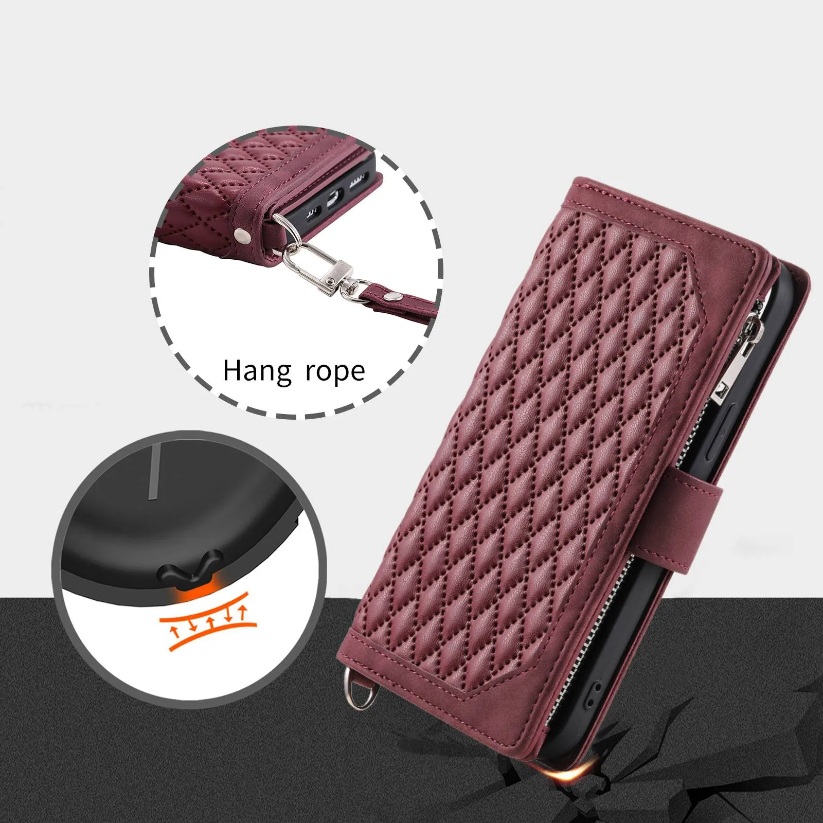 005 Style for Samsung Galaxy S22  5G Zipper Pocket Design PU Leather Phone Drop-proof Cover Rhombus Texture Stand Wallet Case with Strap