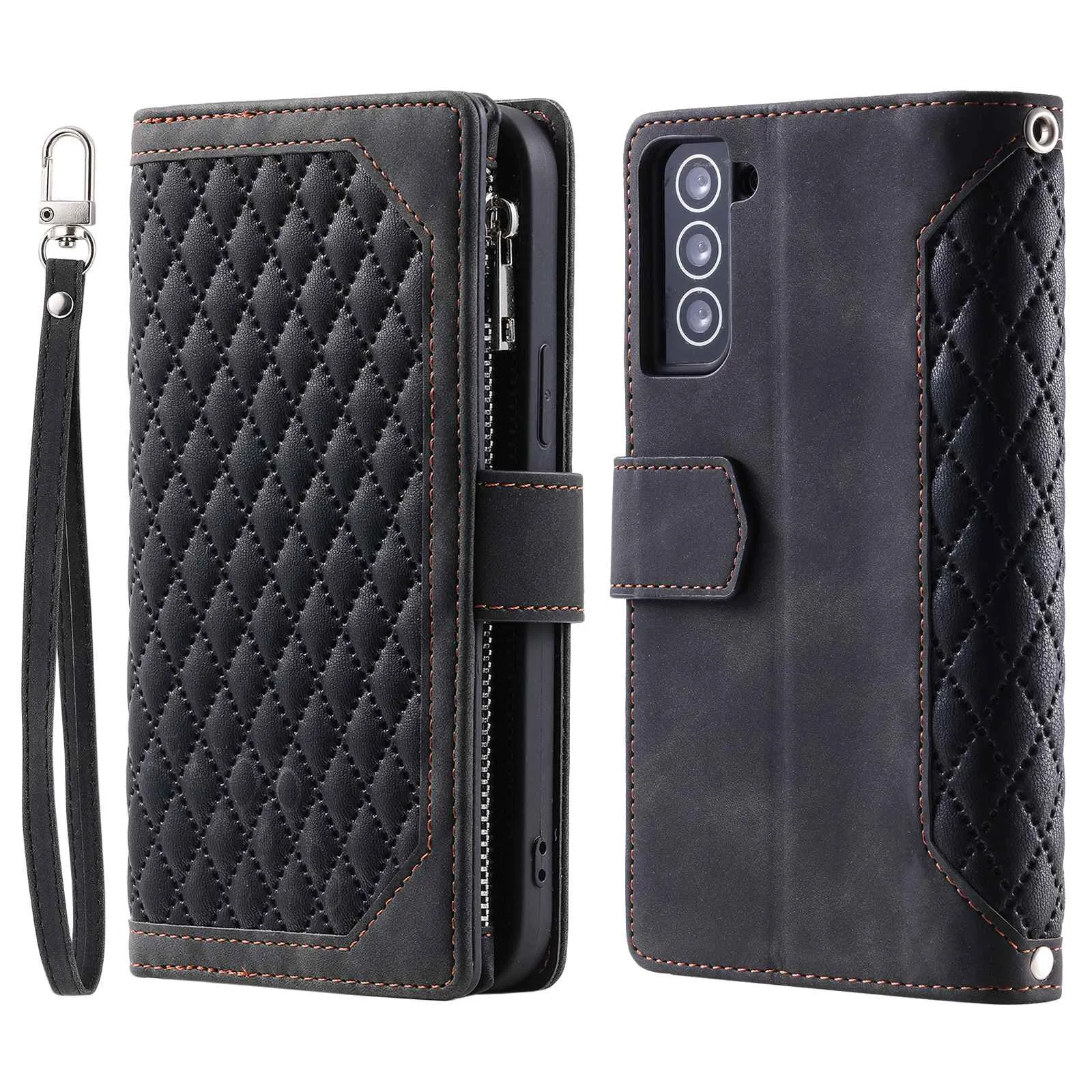 005 Style for Samsung Galaxy S22  5G Zipper Pocket Design PU Leather Phone Drop-proof Cover Rhombus Texture Stand Wallet Case with Strap