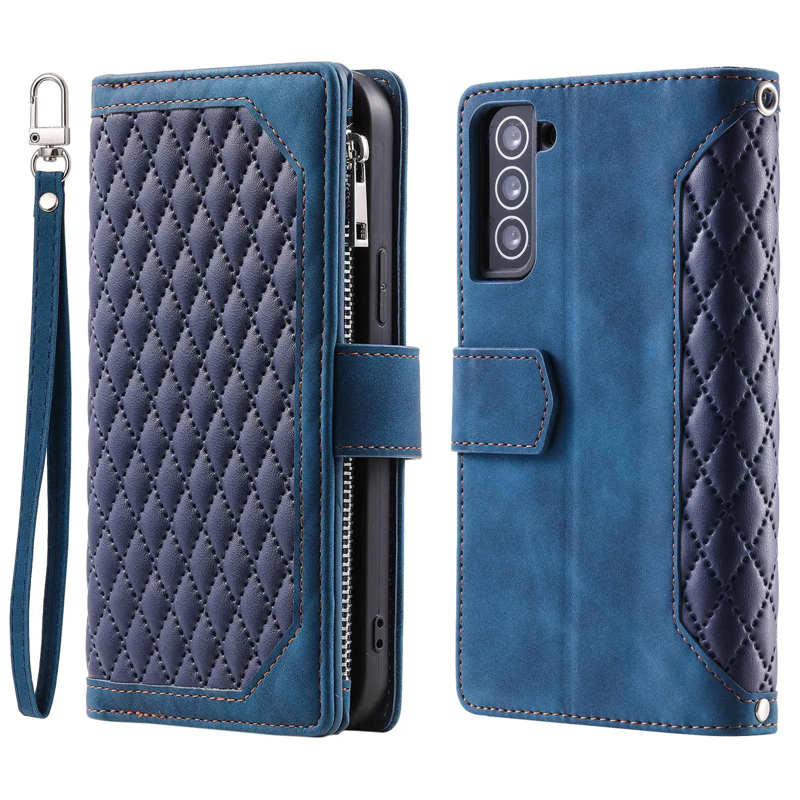 005 Style for Samsung Galaxy S22  5G Zipper Pocket Design PU Leather Phone Drop-proof Cover Rhombus Texture Stand Wallet Case with Strap