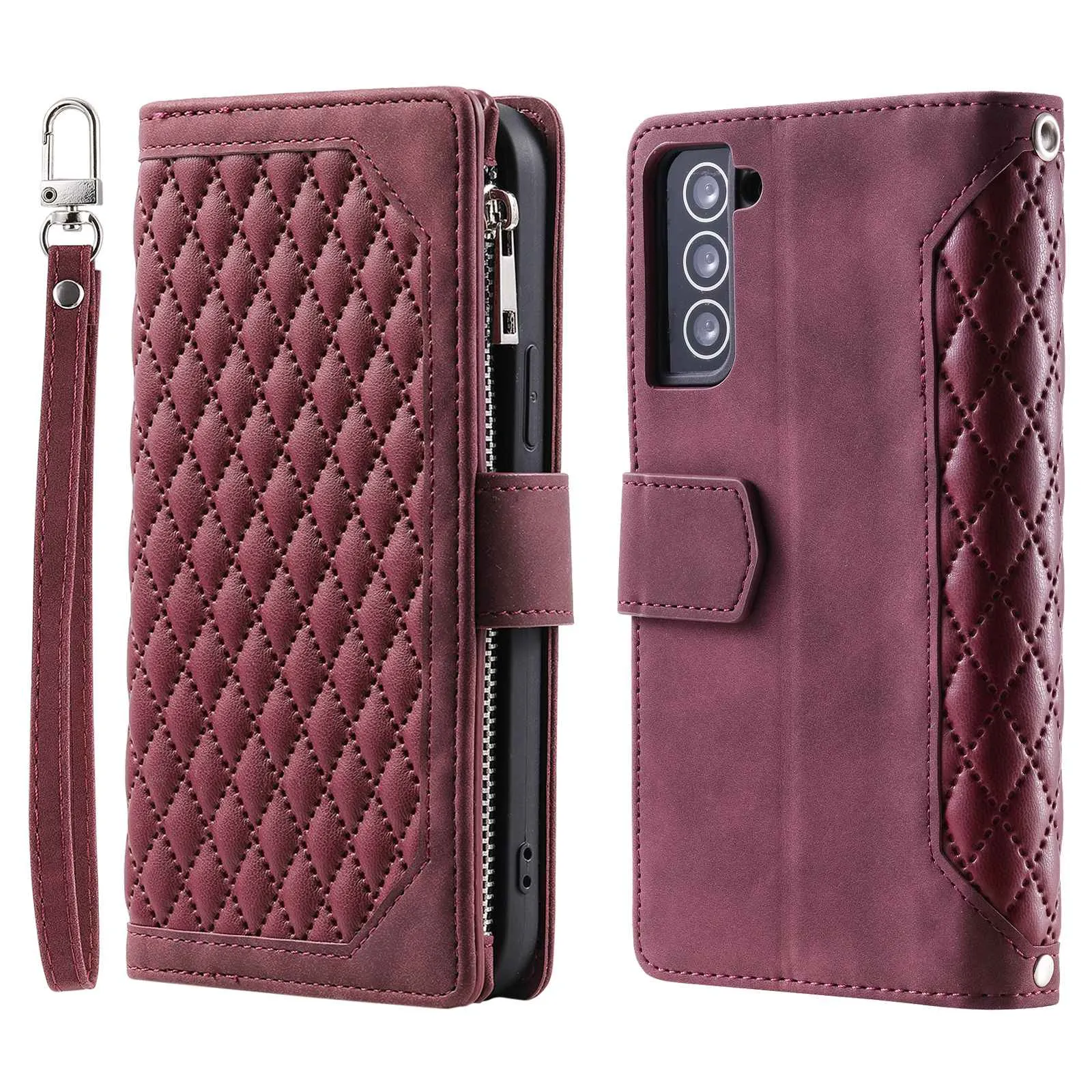 005 Style for Samsung Galaxy S22  5G Zipper Pocket Design PU Leather Phone Drop-proof Cover Rhombus Texture Stand Wallet Case with Strap