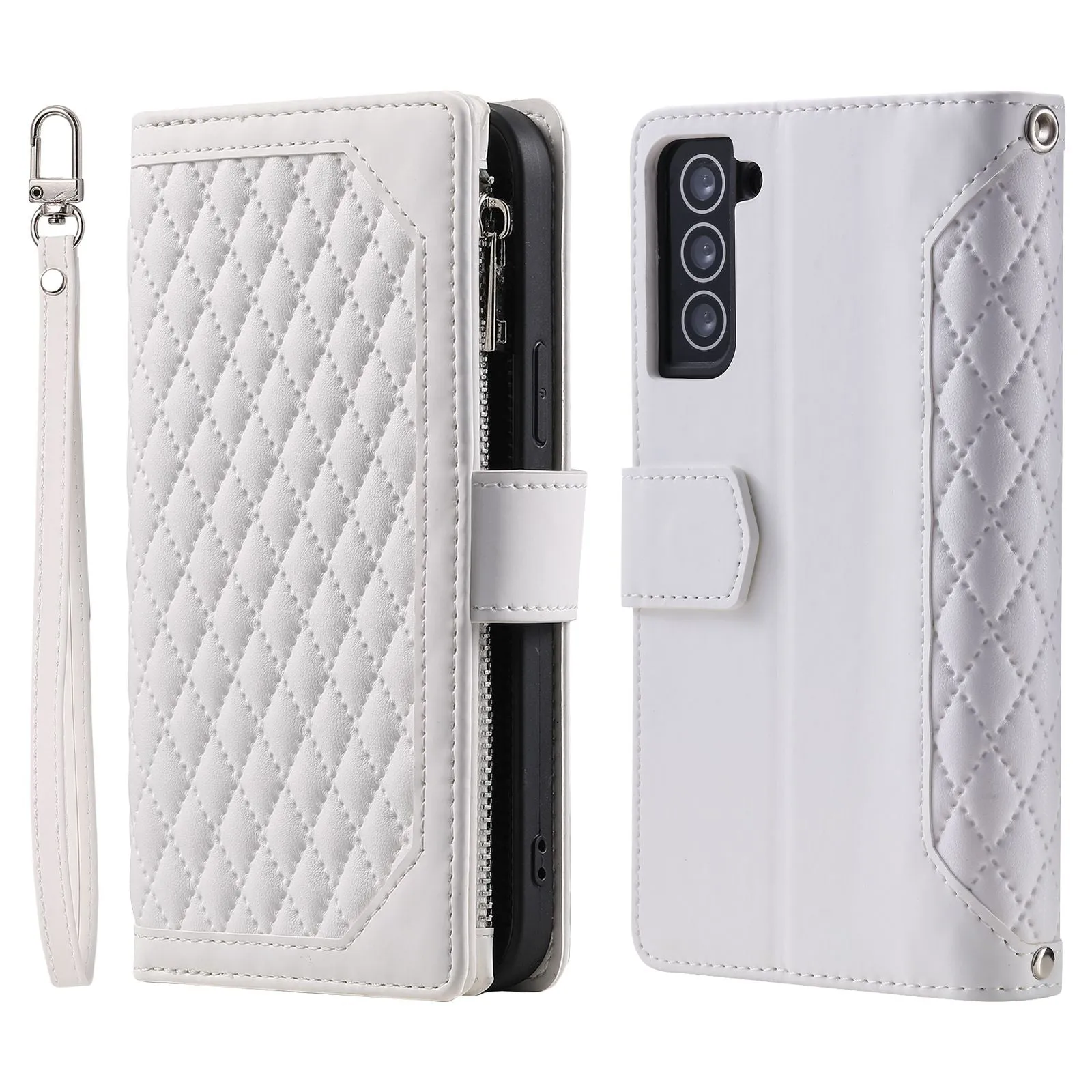 005 Style for Samsung Galaxy S22  5G Zipper Pocket Design PU Leather Phone Drop-proof Cover Rhombus Texture Stand Wallet Case with Strap