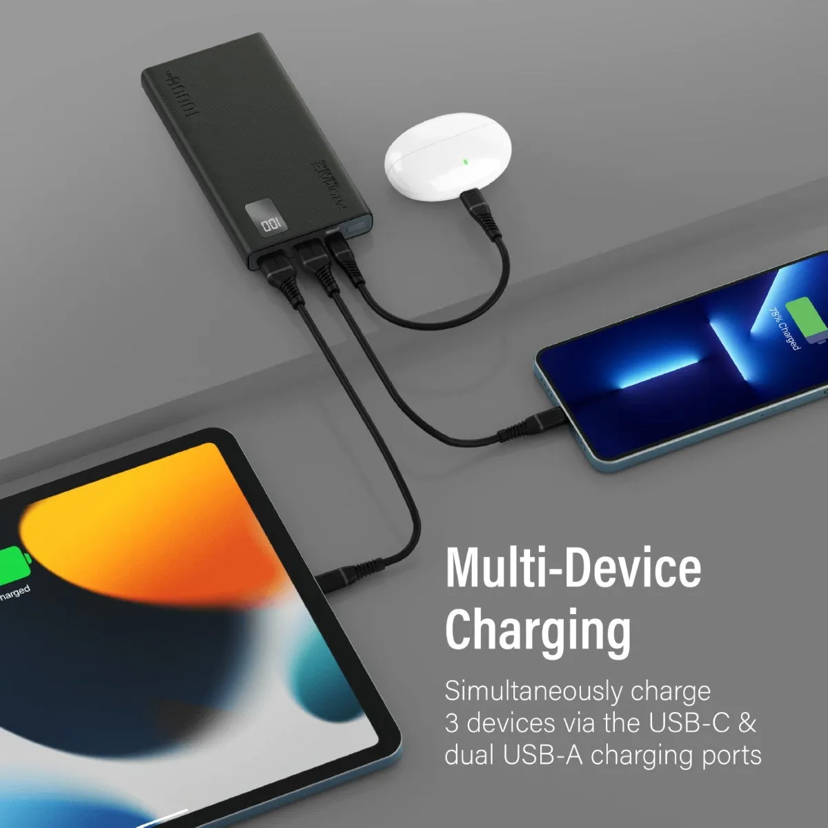 10000mAh Compact Smart Charging Power Bank with Dual USB-A & USB-C Output