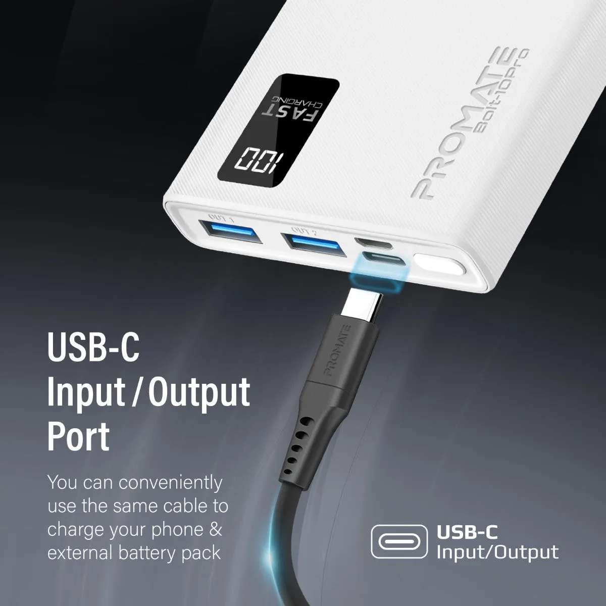 10000mAh Compact Smart Charging Power Bank with Dual USB-A & USB-C Output