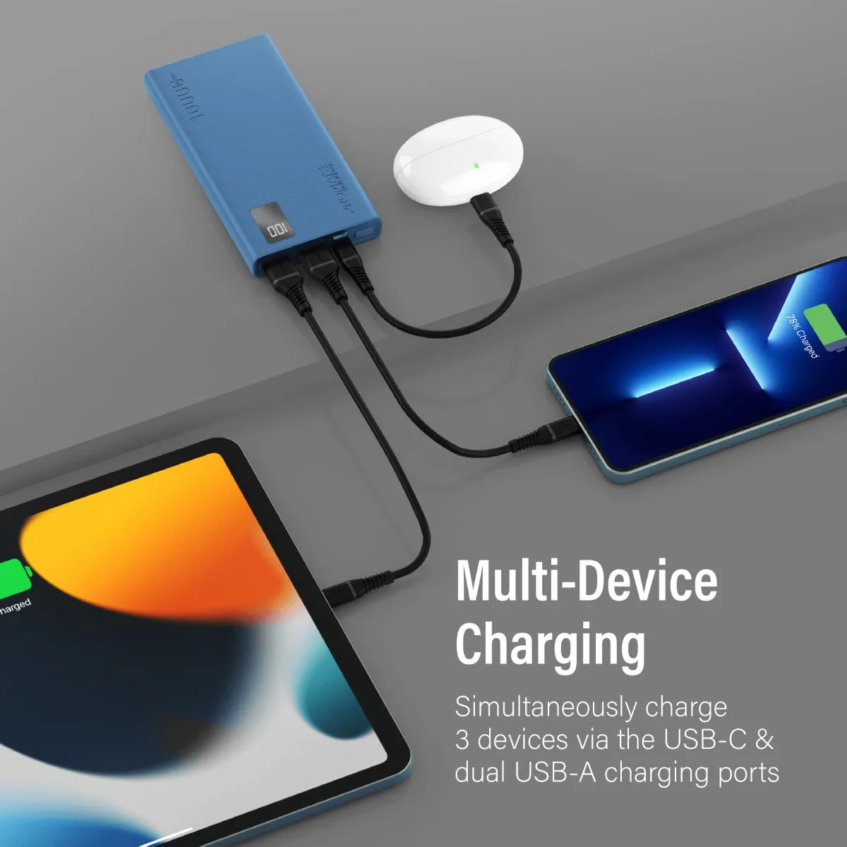 10000mAh Compact Smart Charging Power Bank with Dual USB-A & USB-C Output