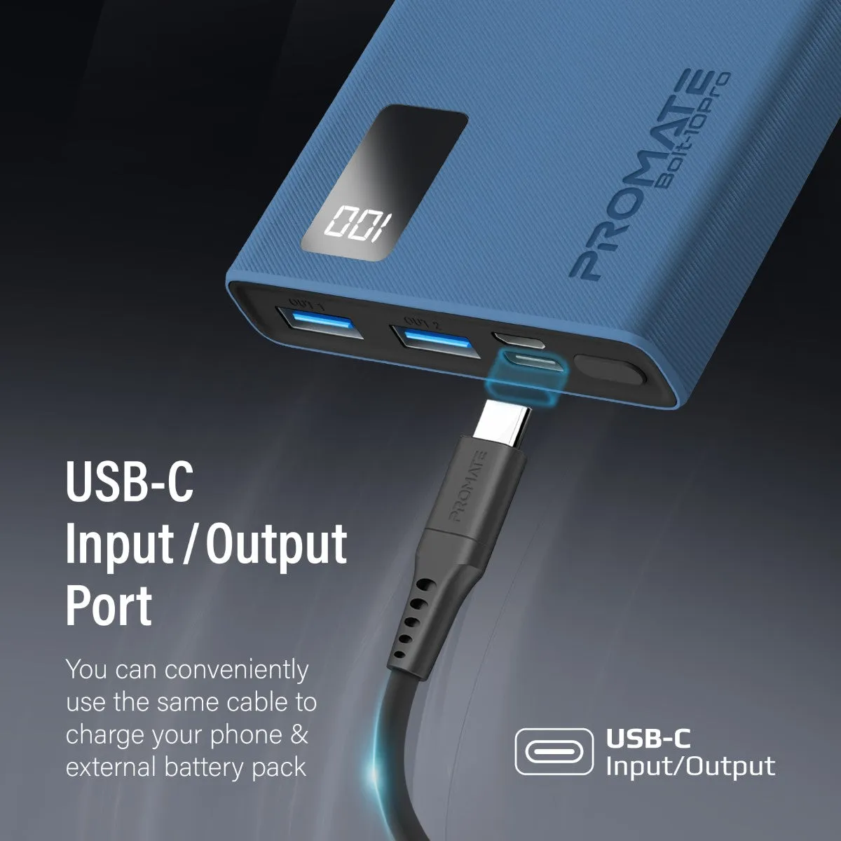 10000mAh Compact Smart Charging Power Bank with Dual USB-A & USB-C Output