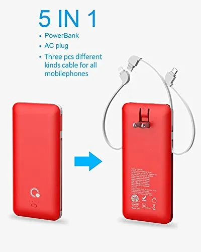 10000mAh Portable Charger, Ultra Slim Power Bank,4 Output and Dual Input External Battery Pack with Built-in AC Wall Plug Micro USB Type C Three Cables with USB Output Compatible with All mobilephone