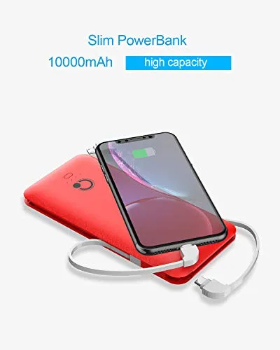 10000mAh Portable Charger, Ultra Slim Power Bank,4 Output and Dual Input External Battery Pack with Built-in AC Wall Plug Micro USB Type C Three Cables with USB Output Compatible with All mobilephone