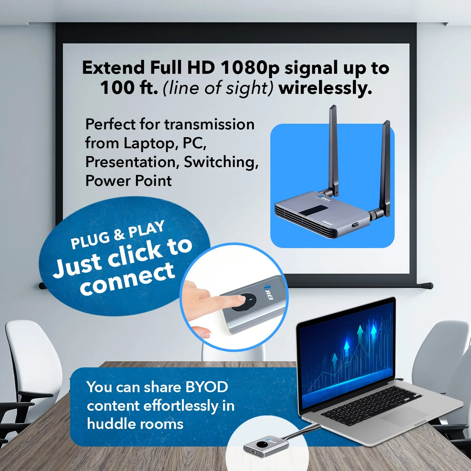 1080p 2x1 Wireless Transmitter & Receiver Up To 100ft - Perfect for Transmission from Laptop (WHD-PRO2T-K)