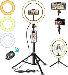 10" Selfie Ring Light with Tripod Stand & Cell Phone Holder for Live Stream/Makeup, Dimmable Led Camera Ringlight for YouTube TikTok/Photography Compatible for iPhone and Android Phone