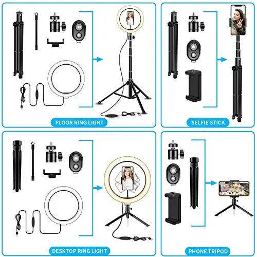 10" Selfie Ring Light with Tripod Stand & Cell Phone Holder for Live Stream/Makeup, Dimmable Led Camera Ringlight for YouTube TikTok/Photography Compatible for iPhone and Android Phone