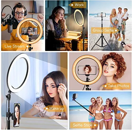 10" Selfie Ring Light with Tripod Stand & Cell Phone Holder for Live Stream/Makeup, Dimmable Led Camera Ringlight for YouTube TikTok/Photography Compatible for iPhone and Android Phone