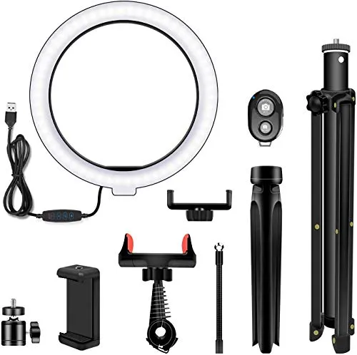 10" Selfie Ring Light with Tripod Stand & Cell Phone Holder for Live Stream/Makeup, Dimmable Led Camera Ringlight for YouTube TikTok/Photography Compatible for iPhone and Android Phone