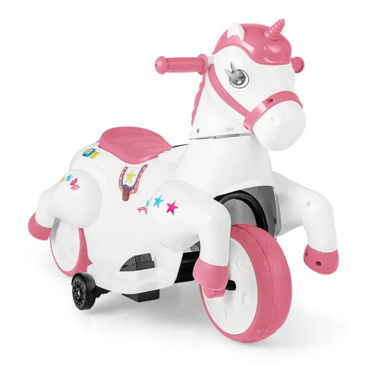 12V Unicorn Ride on Toy with Training Wheels and Horse Riding Mode-Pink