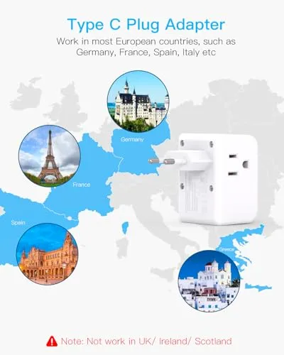 2 Pack European Travel Plug Adapter, One Beat International Power Plug Adapter with 3 Outlets 1 USBA 2 USB C, Type C Plug Adapter Travel Essentials to Most Europe EU Spain Italy France Germany