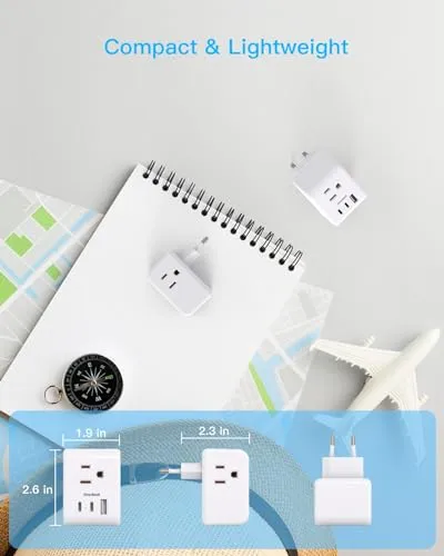 2 Pack European Travel Plug Adapter, One Beat International Power Plug Adapter with 3 Outlets 1 USBA 2 USB C, Type C Plug Adapter Travel Essentials to Most Europe EU Spain Italy France Germany