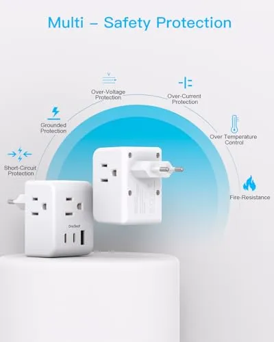 2 Pack European Travel Plug Adapter, One Beat International Power Plug Adapter with 3 Outlets 1 USBA 2 USB C, Type C Plug Adapter Travel Essentials to Most Europe EU Spain Italy France Germany