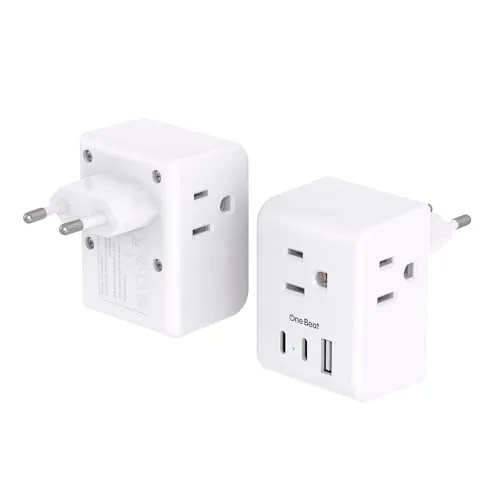 2 Pack European Travel Plug Adapter, One Beat International Power Plug Adapter with 3 Outlets 1 USBA 2 USB C, Type C Plug Adapter Travel Essentials to Most Europe EU Spain Italy France Germany