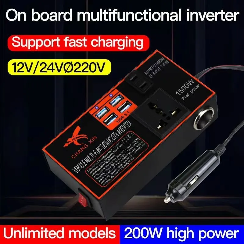 200W Car Power Inveter DC 12V/24V to AC 220V Converter Socket 4 USB Fast Charger