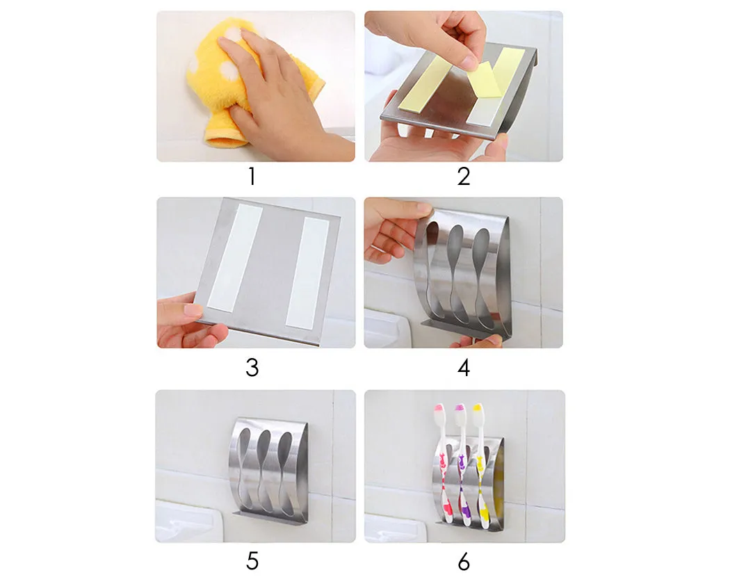 3 Holes Stainless Steel Toothbrush Holder with 4 Pieces Hooks