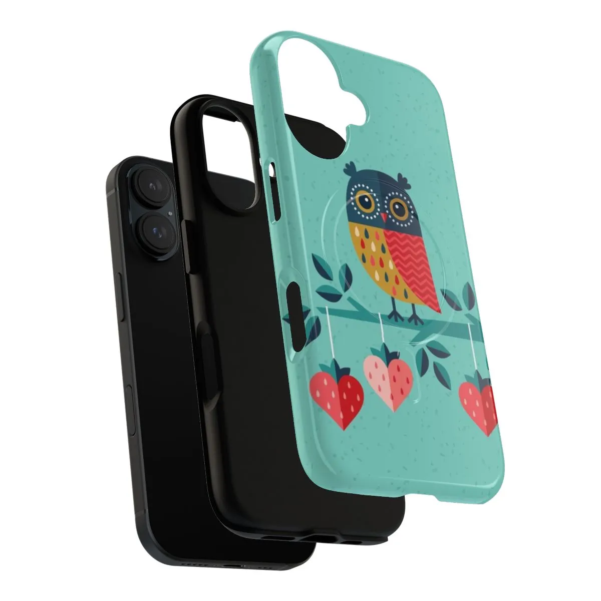 Adorable Owl-Themed Magnetic Phone Case with Strawberry Hearts