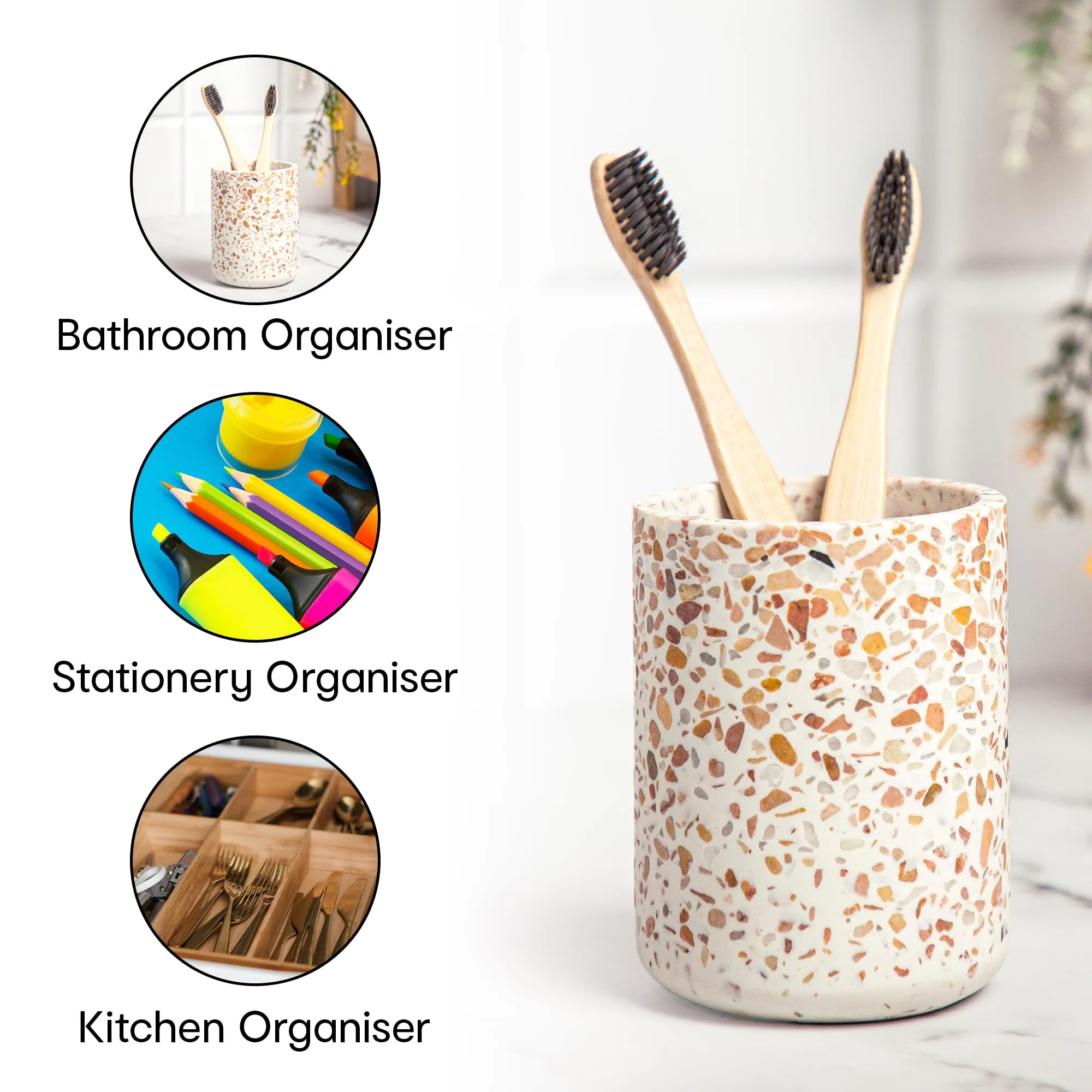 Anko Ceramic Toothbrush Holder for Bathroom | Toothpaste, Makeup Brush Holder for Bathroom | Bathroom Accessories for Wash Basin | Home, Office, Bathroom Organiser | White & Pink, Terrazzo | Set of 2