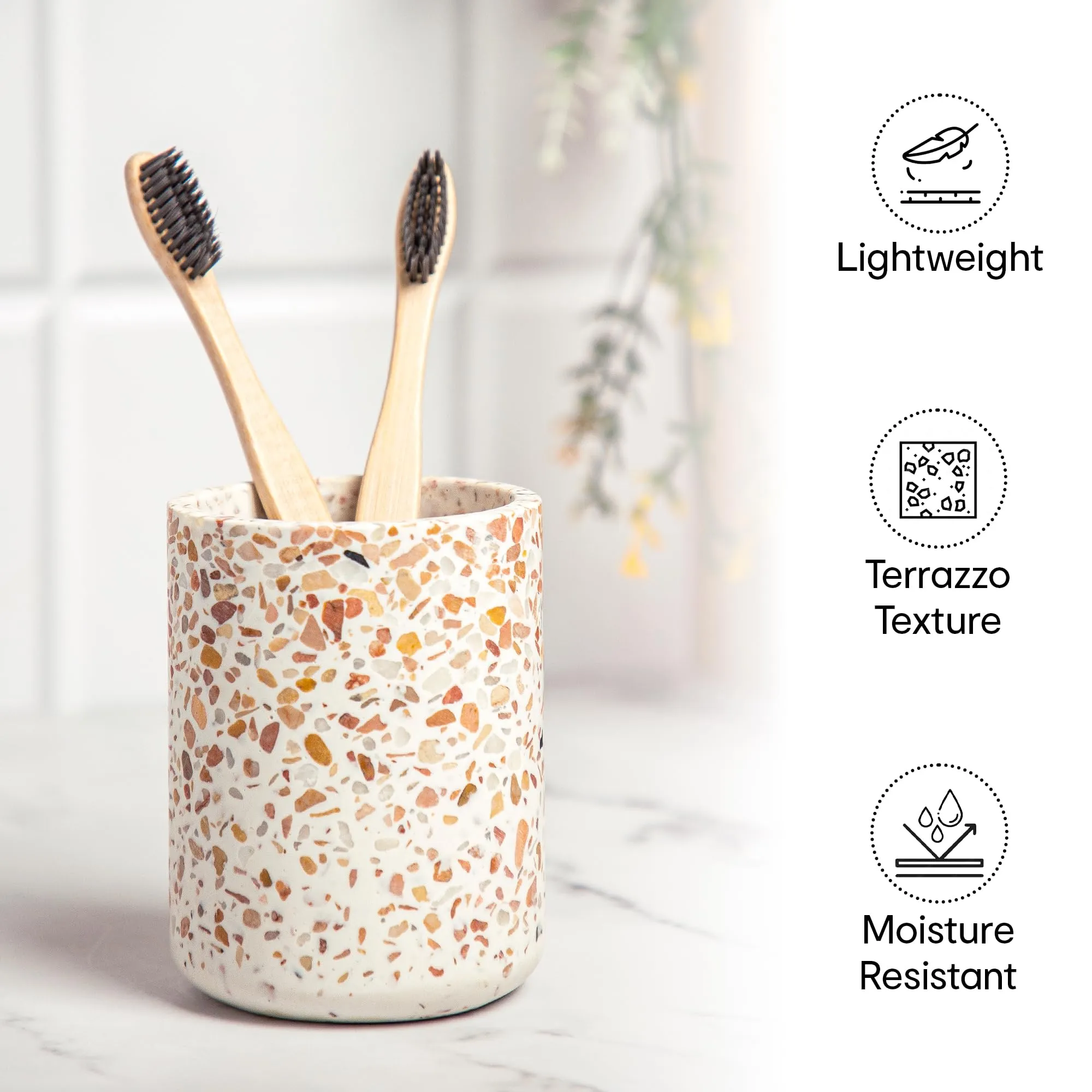 Anko Ceramic Toothbrush Holder for Bathroom | Toothpaste, Makeup Brush Holder for Bathroom | Bathroom Accessories for Wash Basin | Home, Office, Bathroom Organiser | White & Pink, Terrazzo | Set of 2