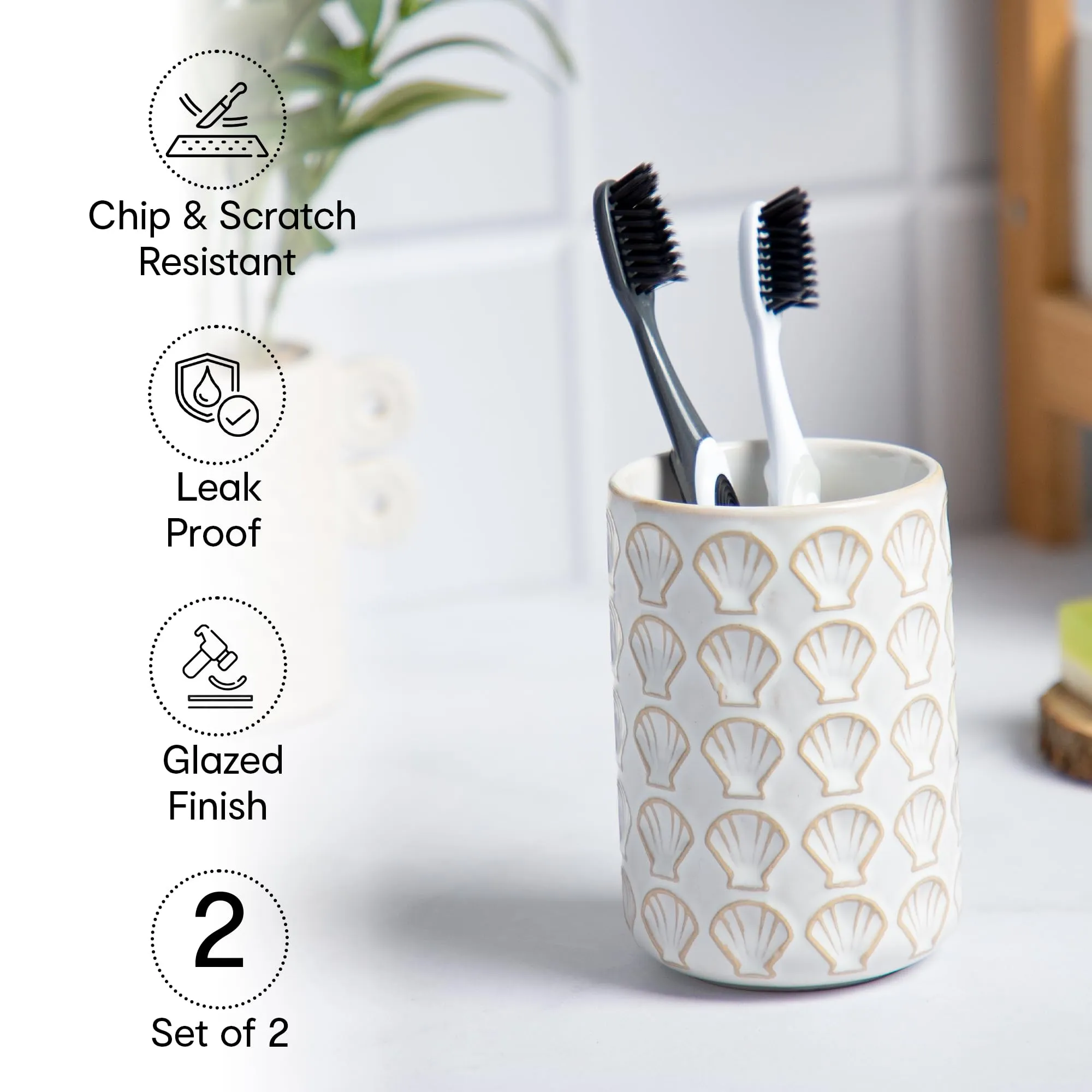 Anko Ceramic Toothbrush Holder for Bathroom | Toothpaste, Makeup Brush Holder for Bathroom | Bathroom Accessories for Wash Basin | Home, Office, Bathroom Organiser | White, Shells | Set of 3