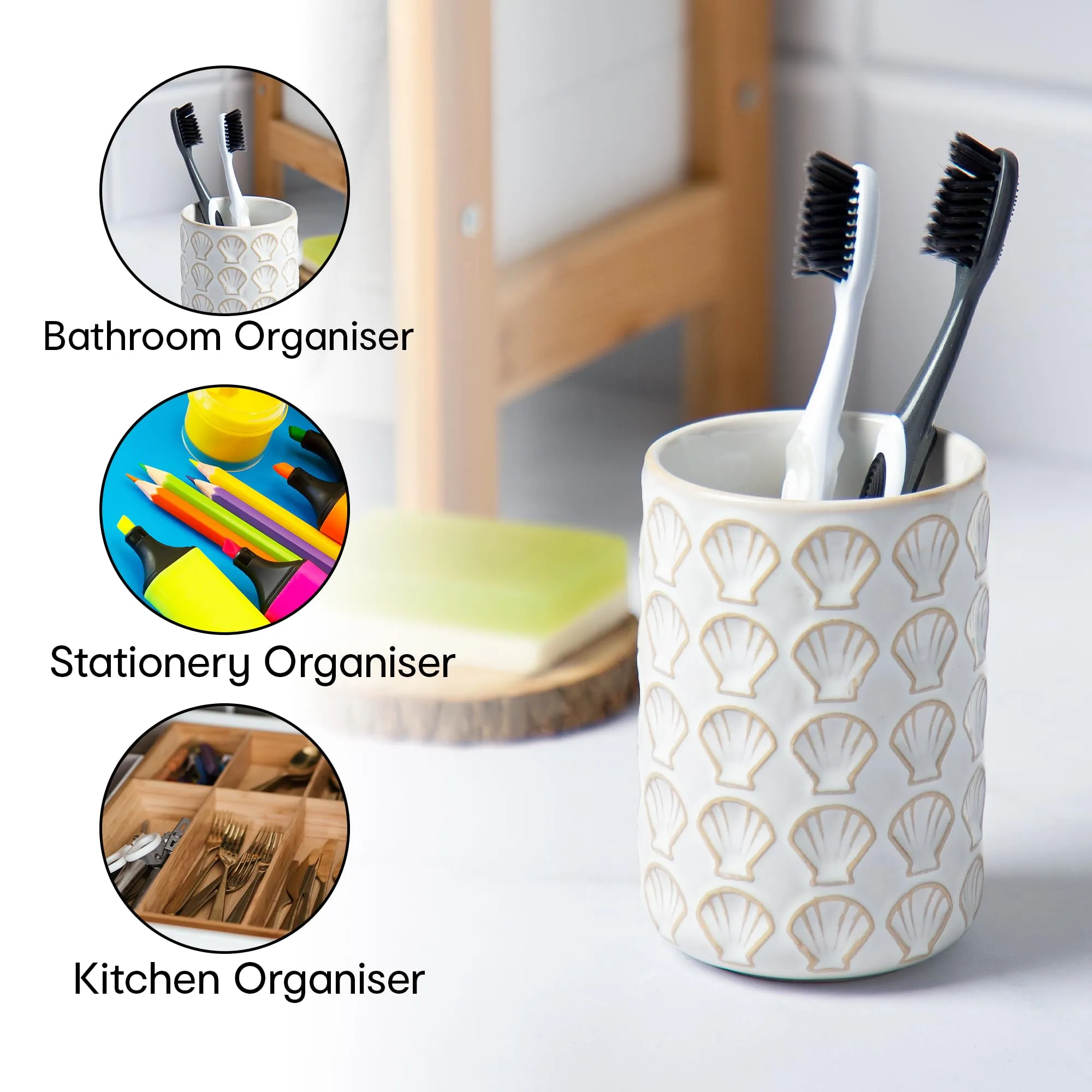 Anko Ceramic Toothbrush Holder for Bathroom | Toothpaste, Makeup Brush Holder for Bathroom | Bathroom Accessories for Wash Basin | Home, Office, Bathroom Organiser | White, Shells | Set of 3