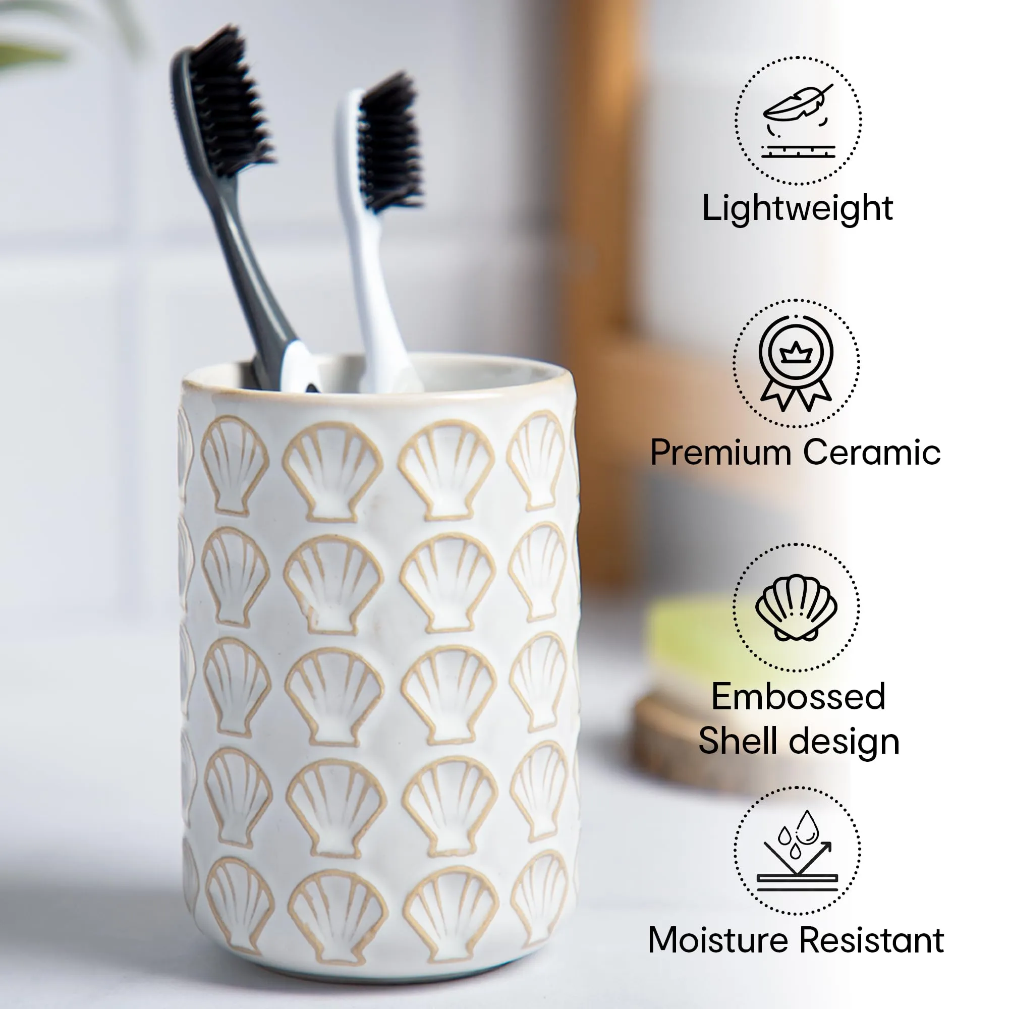 Anko Ceramic Toothbrush Holder for Bathroom | Toothpaste, Makeup Brush Holder for Bathroom | Bathroom Accessories for Wash Basin | Home, Office, Bathroom Organiser | White, Shells | Set of 3