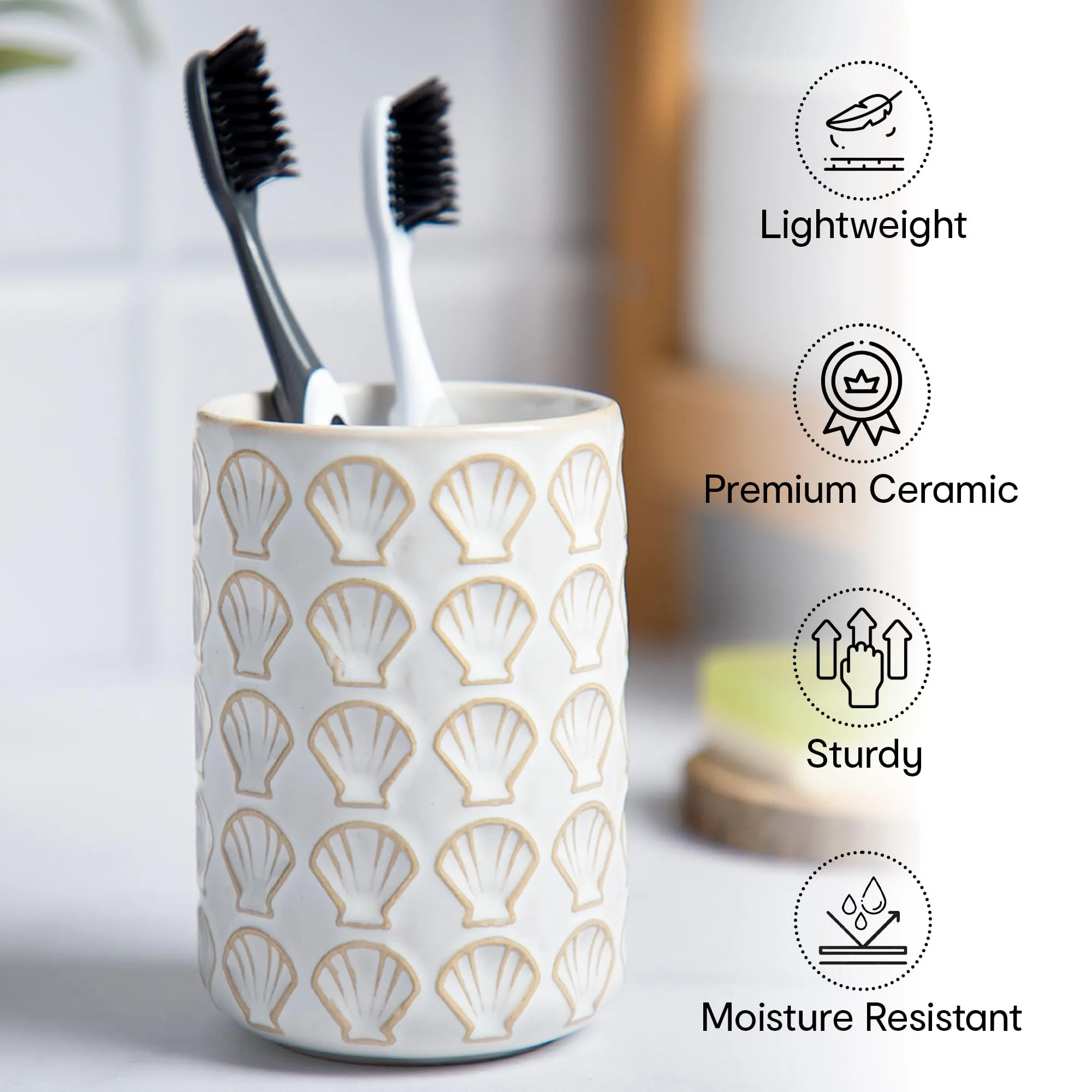 Anko Ceramic Toothbrush Holder for Bathroom | Toothpaste, Makeup Brush Holder for Bathroom | Bathroom Accessories for Wash Basin | Home, Office, Bathroom Organiser | White, Shells