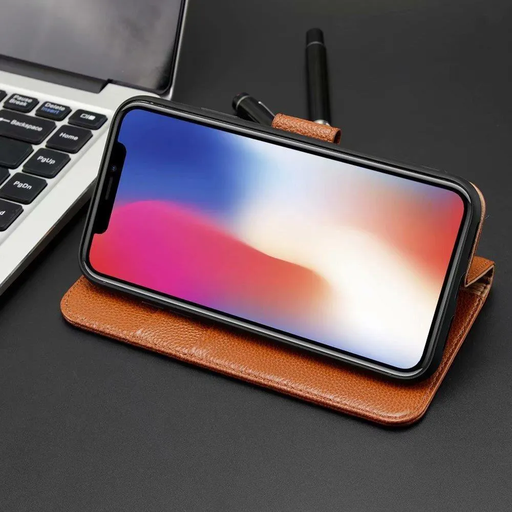 Apple iPhone X, XS, Genuine Leather Flip Folio Book Wallet Case