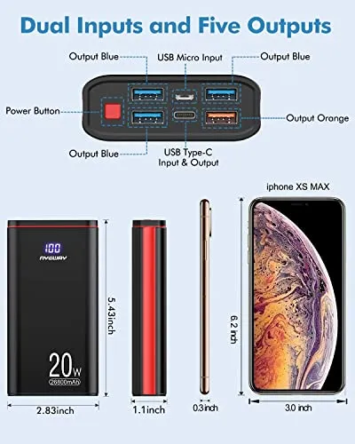 Ayeway Battery Pack USB C Portable Charger PD 20W Fast Charging 26800mAh Power Bank with 5 Ports Output,External Battery Phone Charger for iPhone 13,14,15,MacBook,Samsung Galaxy,Gamepads,Travel,etc.