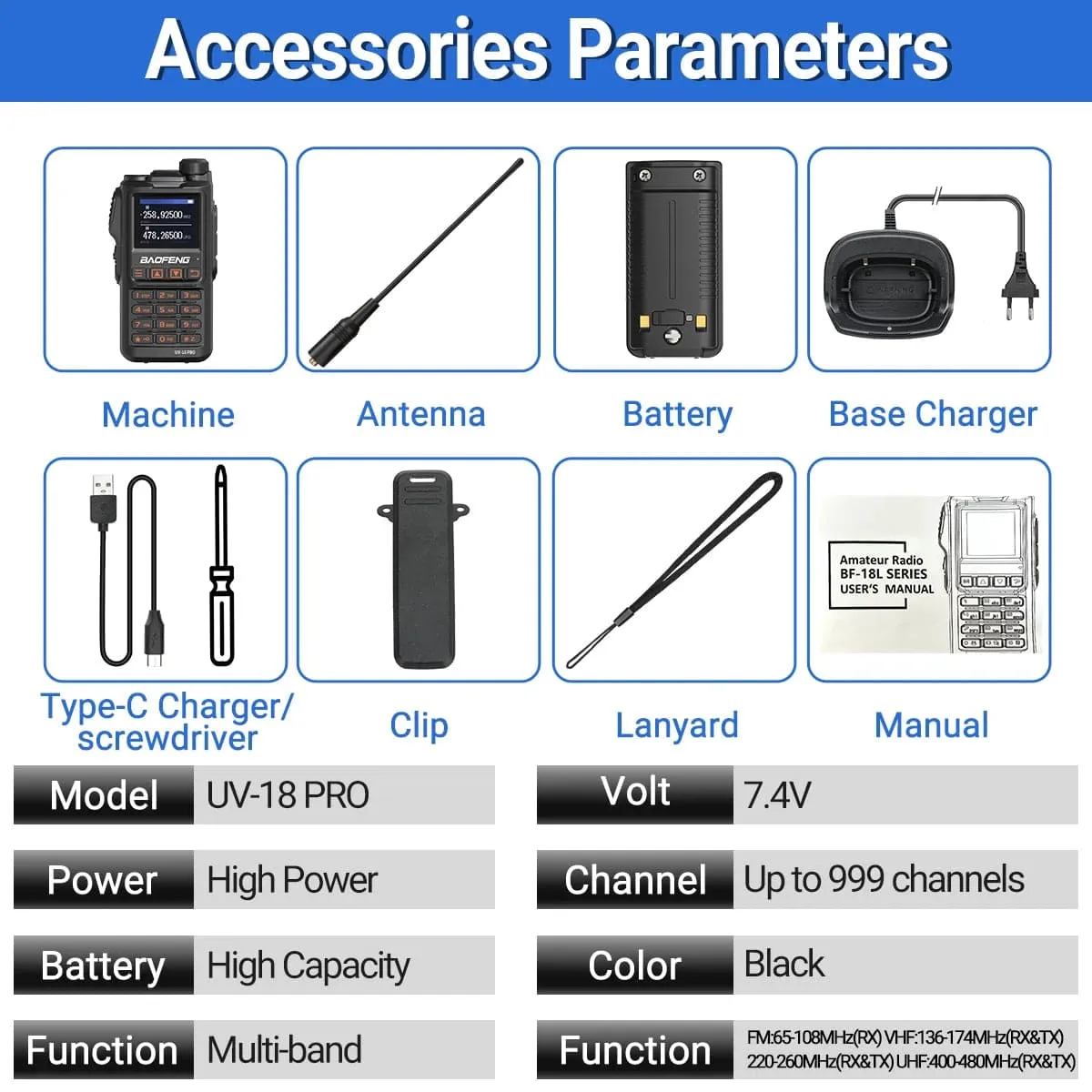 Baofeng UV-18 Pro Walkie Talkie 10W Wireless Copy Frequency 999CH NOAA Long Range Type-C VHF UHF UV-5RPortable Ham Two Way Radio