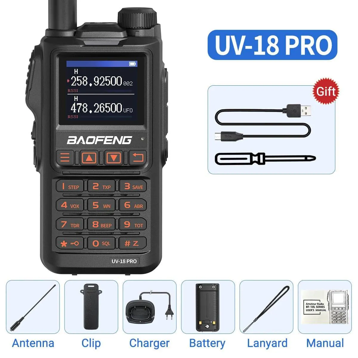 Baofeng UV-18 Pro Walkie Talkie 10W Wireless Copy Frequency 999CH NOAA Long Range Type-C VHF UHF UV-5RPortable Ham Two Way Radio