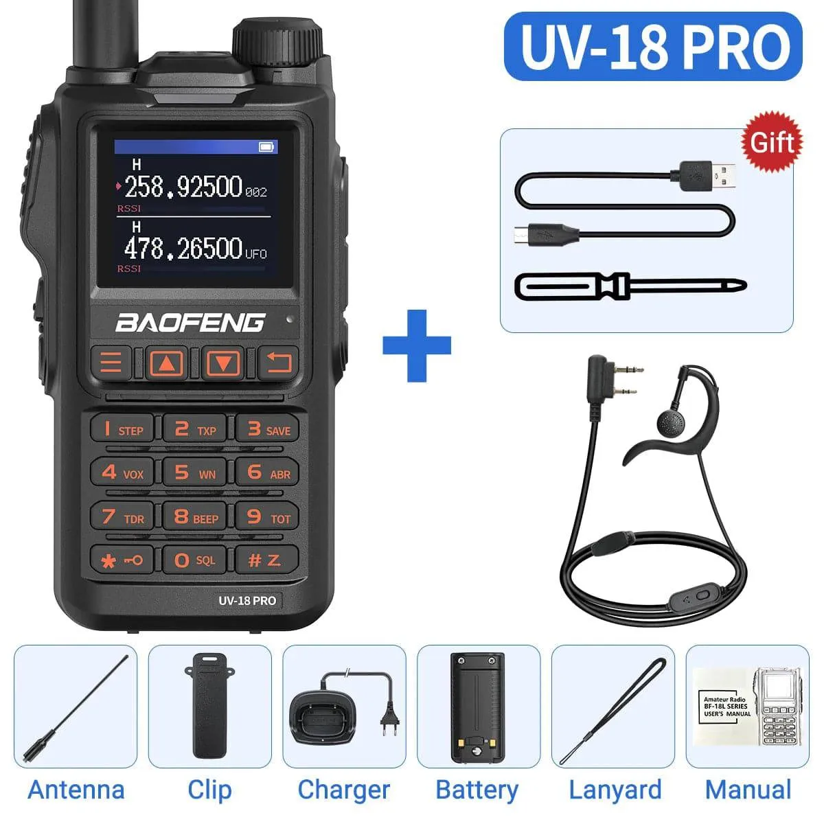 Baofeng UV-18 Pro Walkie Talkie 10W Wireless Copy Frequency 999CH NOAA Long Range Type-C VHF UHF UV-5RPortable Ham Two Way Radio